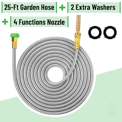 UNCO- Stainless Steel Metal Hose with 4 Function Brass Nozzle, 25 ft, No Kink, Metal Garden Hose