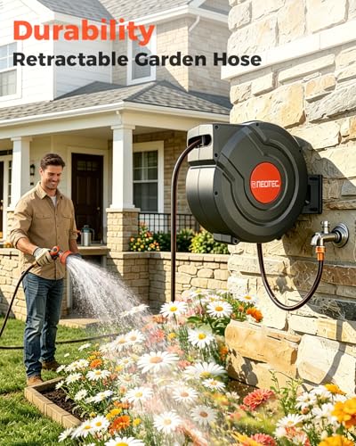 5/8 Inch 90FT Retractable Garden Hose Reel, Automatic Slow Return & Any Length Lock, Wall Mounted Heavy Duty Hose Reels for Outside with 9 Spray Nozzle, 180° Swivel UV Resistant - size: 5/8 inch 90ft