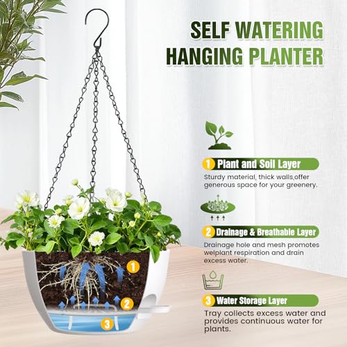 10 Inch Self-Watering Hanging Planters Set of 3 with Saucers - color: White, size: 10 Inch 3 Pack