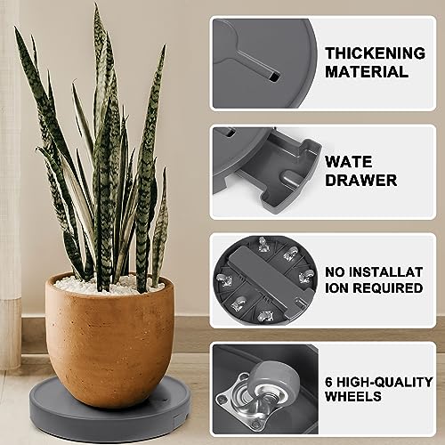 15.7 inch Plant Caddy with Wheels Heavy Duty, Movable Round Rolling Plant Stand Plant Dolly with Invisible Wheels and Water Drawer - color: Gray, size: 15.7inch - 2pcs