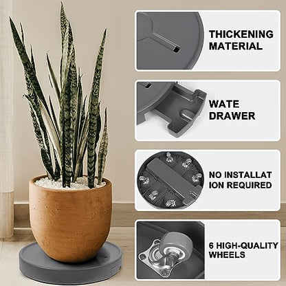 15.7 inch Plant Caddy with Wheels Heavy Duty, Movable Round Rolling Plant Stand Plant Dolly with Invisible Wheels and Water Drawer - color: Gray, size: 15.7inch - 2pcs