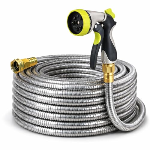 Metal Garden Hose 50 ft – 304 Stainless Steel Water Hose with Nozzle Sprayer, Garden Hoses Flexible, Lightweight, No Kink, Heavy Duty for Outdoor (50 ft) - size: 50 Feet