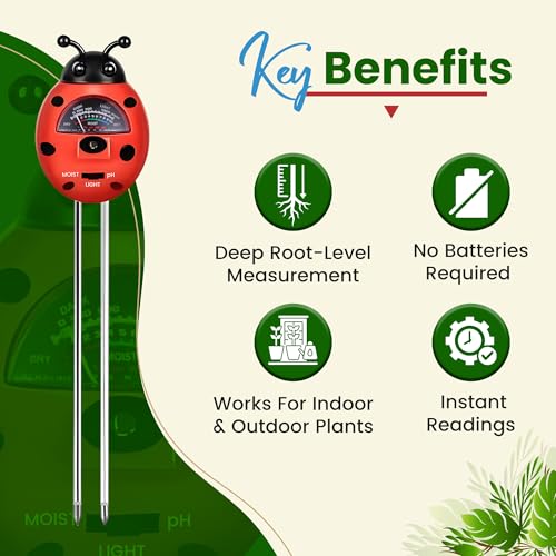 Ladybug 3-in-1 Soil Tester for Indoor & Outdoor Plants – Moisture Meter with pH & Light Sensor, No Batteries Needed for Houseplants & Gardening