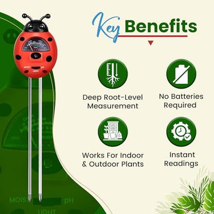 Ladybug 3-in-1 Soil Tester for Indoor & Outdoor Plants – Moisture Meter with pH & Light Sensor, No Batteries Needed for Houseplants & Gardening