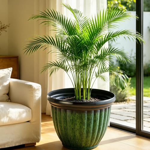 Autodaya 15" Large Planters For Outdoor Plants Set Of 2 Plastic Flower Pots - color: 15"-gradient Emerald Green With Black Rim