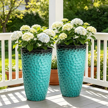 24" Tall Large Planters for Outdoor Plants, Turquoise Ceramic-Look - color: 23.8"h-turquoise Hammered
