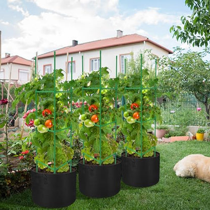 4 Packs 47 x 12 Inch Garden Tomato Cages with Grow Bags- Triangle Plant Support Trellis Assembled with Planter Bags- Garden Cucumber Vegetables Frames for Vertical Climbing Plants - style: Triangle-4 Set