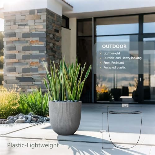 12.4"H Tapered Ribbed Lightweight Plastic Planter w/ Drainage Hole & Plug - color: Mediterranean Gray., size: 12.4in