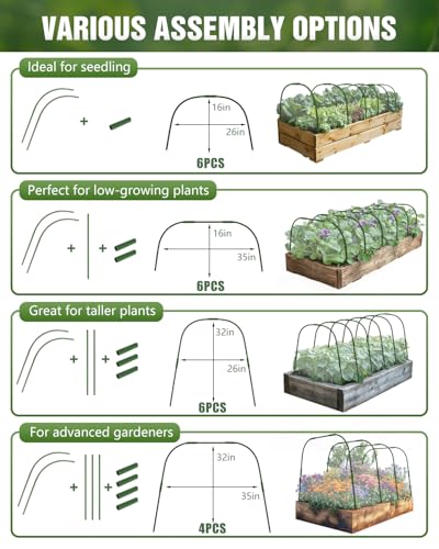 6 Sets Garden Hoops with 10x30 Ft Netting for Raised Beds, 18 Clips - color: Green-10*30ft