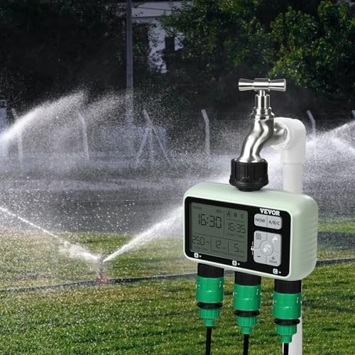 VEVOR Water Timer, 3 Outlets, Hose Watering Sprinkler Timer, with 3 Independent Watering Zone LCD Display Rain Delay Mode Manual Mode 360° Brass Inlet Metal Filter, IPX6 Waterproof for Yard Watering - style: 3 Outlet with LCD Display