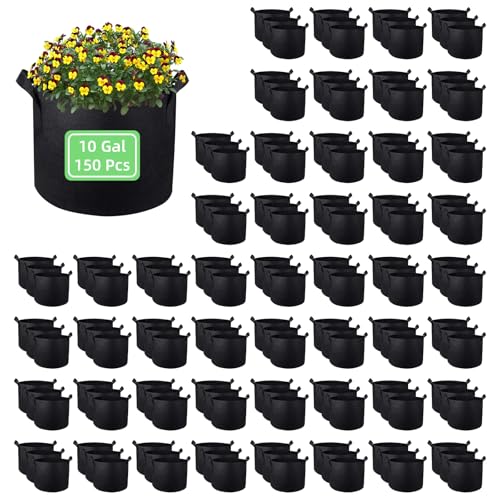 150 Pack 10 Gallon Grow Bags Garden Plant Grow Bag Aeration Fabric Pots with Handles Nonwoven Cloth Pots Planting Bags Garden Bags to Grow Vegetables Flowers Potatoes (10 Gal) - size: 10 Gallons