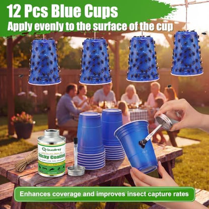 Qualirey Sticky Coating Brushable 8 oz Transparent Trap Gel Brush-on Sticky Insect with 12 Deep Blue Cups and 39 ft Jute Rope, DIY Hanging Fly Trap Kit for Patio Garden Porch and Outdoor
