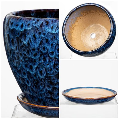 Hollyone 9+7 Inch Ceramic Planter Set of 2 Blue Ceramic Plant Pot for Plants Flowers with Drainage Hole and Saucers Ceramic Glaze Round Plant Pot Indoor Outdoor Large Succulent Orchid Flower Pot - size: 7 and 9 Inch (Set of 2)