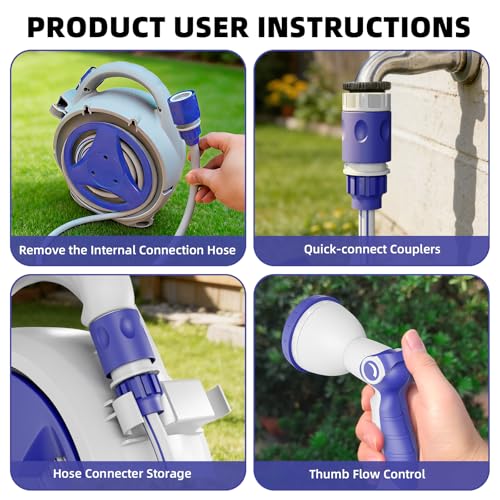 Retractable Garden Hose Reel 1/2 Inch x 50 FT | Heavy Duty Rewind Wall Mount Hose Holder with 10-Pattern Spray Nozzle for Garden Watering, Car & Boat Washing, Pet Cleaning