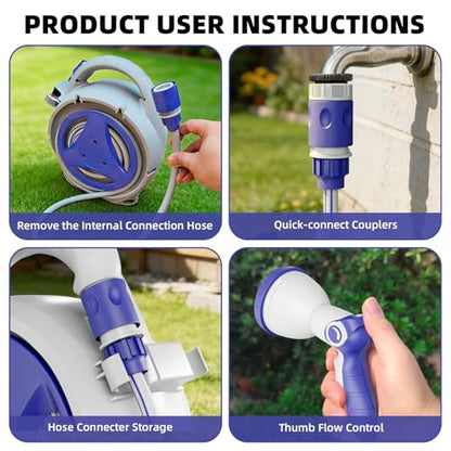 Retractable Garden Hose Reel 1/2 Inch x 50 FT | Heavy Duty Rewind Wall Mount Hose Holder with 10-Pattern Spray Nozzle for Garden Watering, Car & Boat Washing, Pet Cleaning