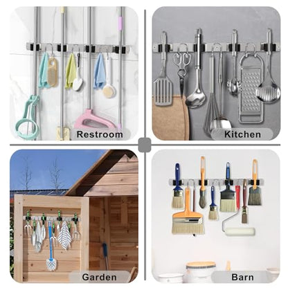 Mop Broom Holder Wall Mount, Silver Stainless Steel Tool Storage Organizer for Kitchen Garden Garage Laundry Room Bathroom and RV with 4 Slots 6 Hooks - color: Silver-1 Pack
