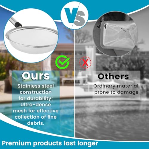 Pool Cleaning Net with Pole, 45-85" Adjustable Stainless Steel Pool Skimmer Net with Fine Mesh & Hook Pool Leaf Skimmer for Removing Leaves, Bugs & Debris