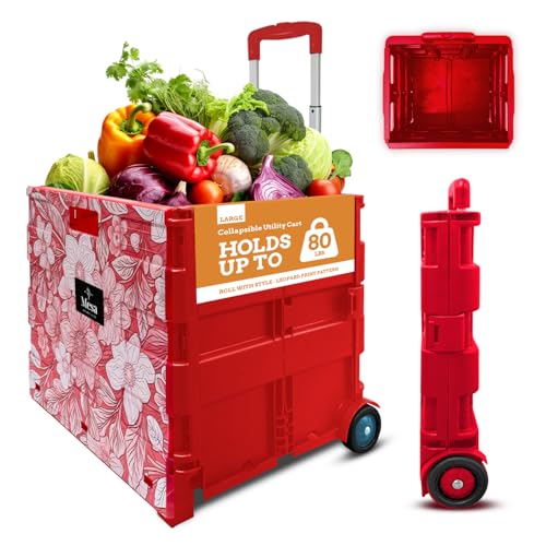 Inspired Living Ultra-Slim Rolling Collapsible Storage Pack-N-Roll Utility-carts, with Telescopic Handle, for Home, Garden, Shopping, Office, School use, Large, Red, White Flower Print - color: Flower Print