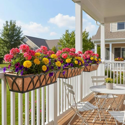 EIMQUVW 2 Pack Adjustable Railing Planter Brackets Heavy Duty Window Box Holders for Metal Hanging Flower Baskets Fits Decks, Balconies, and Railings