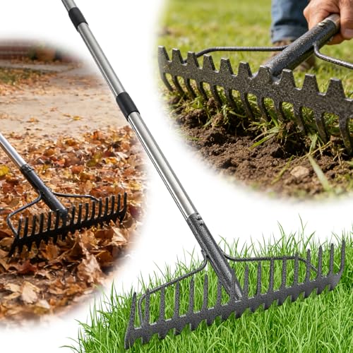Bow Rake , 2-in-1 49in Metal Garden Lawn Rake for Weeding Digger Loosening Soil Raking Leaf Leveling Rocks Spreading Mulch Gravel 17 Tines Adjustable Garden RakeBow Rake (49 Inch) - style: 49 inch