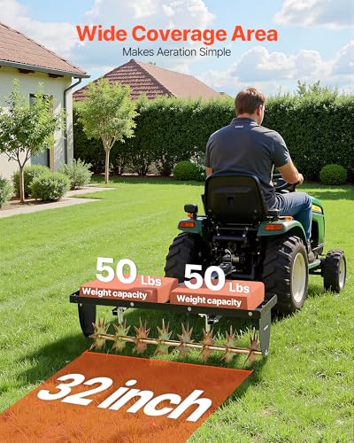 VEVOR Tow Behind Plug Aerator, 32 in Lawn Spike Aerator with Universal Hitch, Heavy Duty & Rust-Resistant, Pull Behind Spike Aerator Tool with Folded Edge Tray, for Farmland & Garden Tractors - style: Spike Aerator (32in)