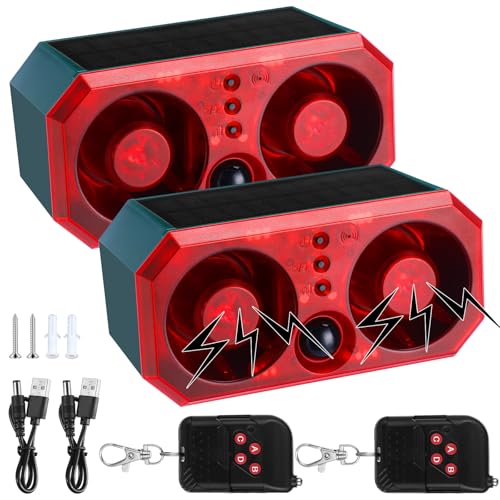 Qualirey 2 Pcs Solar Outdoor Motion Sensor Alarm Motion Sensor Animal Deterrent Dog Barking Alarm 13 Sound 130dB Loud Noise Maker 4 Mode with USB Remote Control Support Recording Volume Adjustment