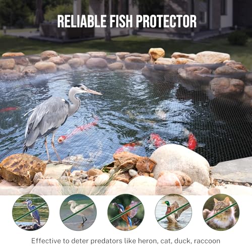 Pond Netting Cover for Leaves, 14 x 14 Koi Pond Net Cover, Durable & Sturdy Pond Netting for Koi Ponds, Protect Koi Fish Against Herons, Raccoons, Cats & Predators, 14pcs Stakes Included - size: 14 × 14 ft