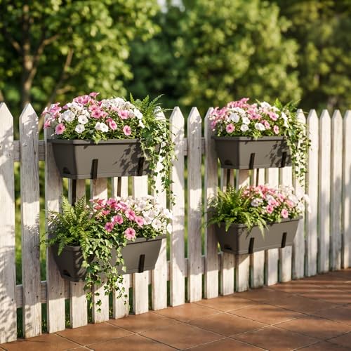 CADUKE 4 Pack Railing Planters, 16.9" Hanging Window Planters, Fence Flower Pots with Drainage Holes and Trays, Gray - color: Gray