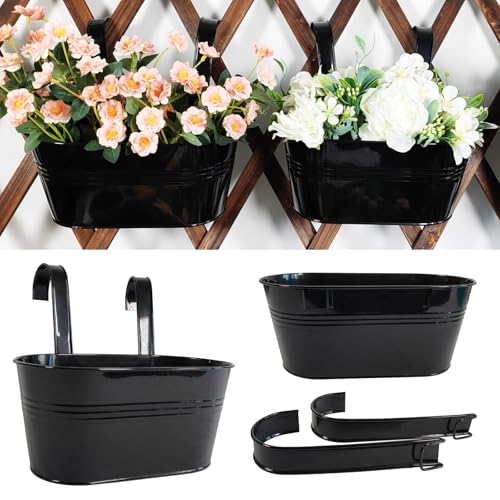 10" Metal Hanging Planter for Railing with Detachable Hooks, Black, 2 Pcs - color: Black