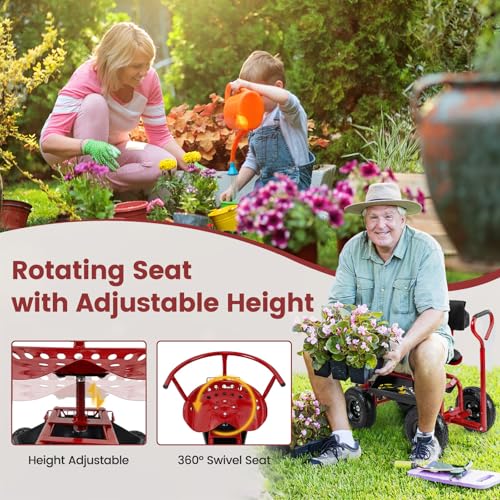 Goplus Garden Seat with Wheels, Rolling Gardening Stool with Adjustable 360° Swivel Seat, Tool Tray & Storage Basket, Extendable Handle, Outdoor Gardening Scooter, Garden Cart Workseat for Seniors - color: Red