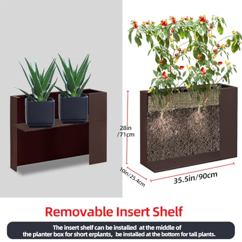 Metal Tall Long Planter Box Large Rectangular Planter Flower Pot with Drainage Holes for Indoor Outdoor Deck Porch Garden Home Patio Front Door (Espresso, M) - color: Espresso, size: Medium