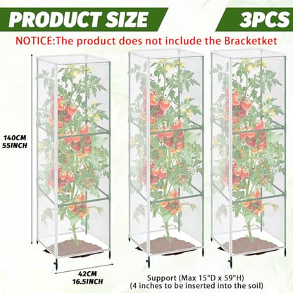 3 Pcs Garden Bird Barrier Plant Cover 55" x 16.5"- Fit Square Support (Max 15" D x 59" H) Tomato Cage Net with Zipper & Drawstring Foldable Trellis Guard Cover Bag for Protecting Plant - size: 55" x 16.5"
