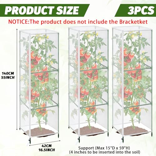 3 Pcs Garden Bird Barrier Plant Cover 55" x 16.5"- Fit Square Support (Max 15" D x 59" H) Tomato Cage Net with Zipper & Drawstring Foldable Trellis Guard Cover Bag for Protecting Plant - size: 55" x 16.5"