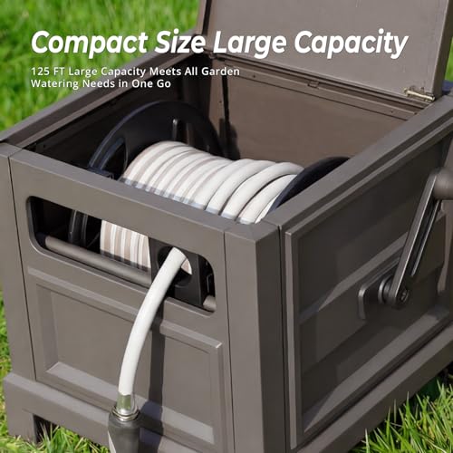 Heavy Duty Steel Garden Hose Reel Deck Box, Holds 125 ft x 5/8 inch Hose, Leak-Proof Aluminum Water System, Manual Crank with Hose Guide, 4-Leg 200LBS Stable Base, No Mount Required