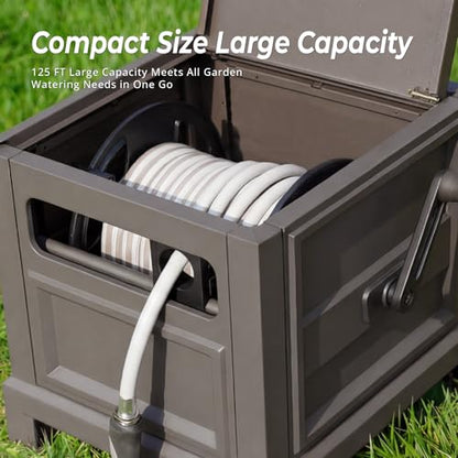 Heavy Duty Steel Garden Hose Reel Deck Box, Holds 125 ft x 5/8 inch Hose, Leak-Proof Aluminum Water System, Manual Crank with Hose Guide, 4-Leg 200LBS Stable Base, No Mount Required