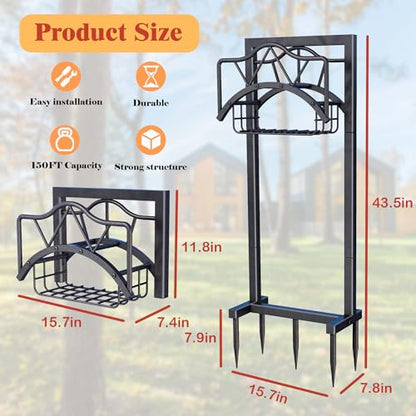 Garden Hose Holders for Outside - Water Hose Holder Freestanding,Metal Hose Stand with 5 Spikers,Hose Hanger with basket,Outdoor Garden Hose Reel Heavy duty,Holds 150-feet Hose,Black