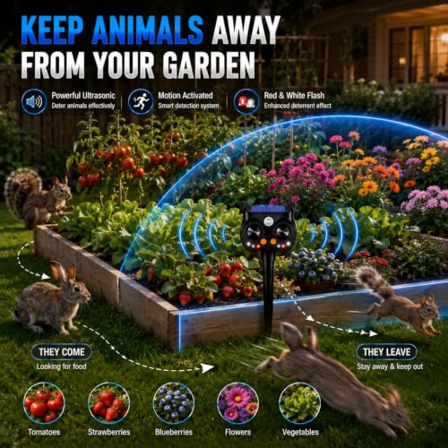 New Solar Animal Repellent Ultrasonic Outdoor for Deer Cat Skunk Squirrel Racoon Fortress Pro Animal Repeller Deterrent Devices with LED Strobe,Motion Sensor,Adjustable Volume and Modes for Yard,4 Pcs