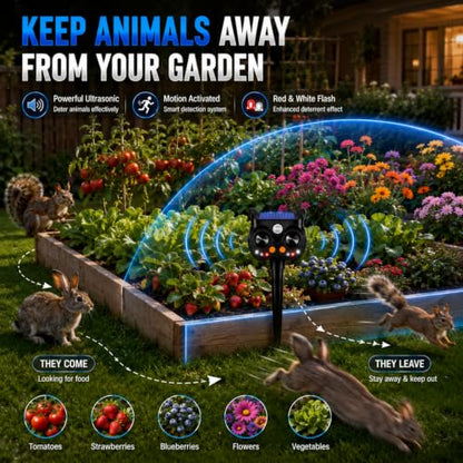 New Solar Animal Repellent Ultrasonic Outdoor for Deer Cat Skunk Squirrel Racoon Fortress Pro Animal Repeller Deterrent Devices with LED Strobe,Motion Sensor,Adjustable Volume and Modes for Yard,4 Pcs