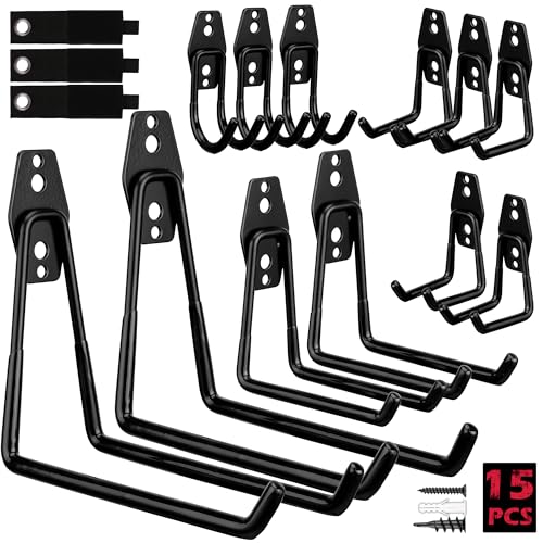 Garage Tool Storage Wall Hook Assortment Set: 15PCS Heavy Duty Large Hanger Garden Tool Organizer Ladder Bike Rack Yard Tool Holder Shed Shovel Metal Screw Organization Bicycle Steel Bracket - style: 15-Pack Hooks + 3 Straps（black）
