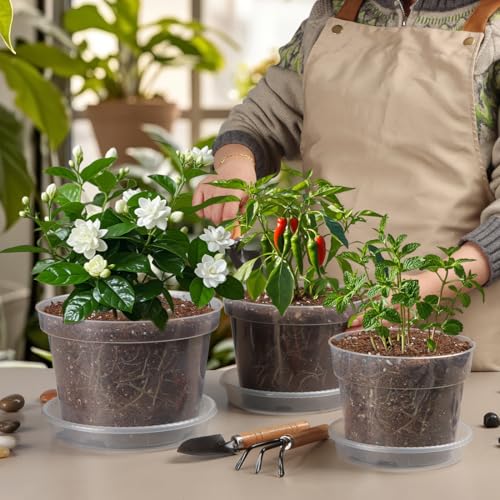 9 Pack 8/7/6 Inch Clear Nursery Pots for Plants with Saucer, Transparent Plastic Plant Pots with Drainage Holes, Sturdy Seedling Starter Pot, Garden Planter Pot for Succulents Flowers Herb Vegetables - size: 6/7/8 Inch-9P
