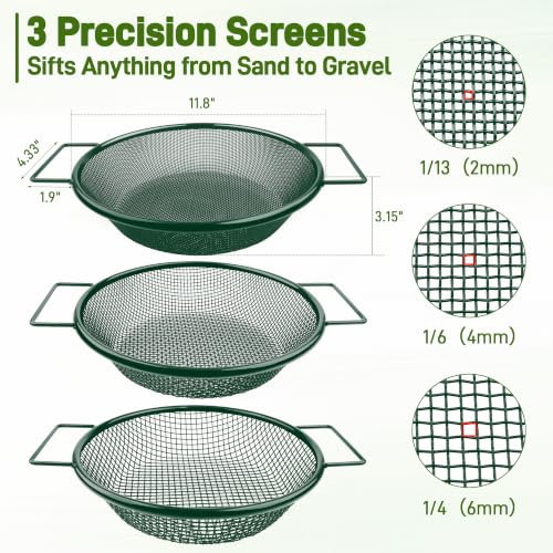 Mulctun 3Pcs Soil Sifter with Handles,Heavy Duty Dirt Sifter for Gardening - color: Green, size: 3 Pcs (2,4,6mm grid)