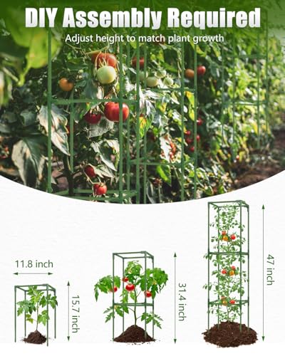 3 Pack 47 Inch Heavy Duty Height Adjustable Square Tomato Cage - color: Dark Green