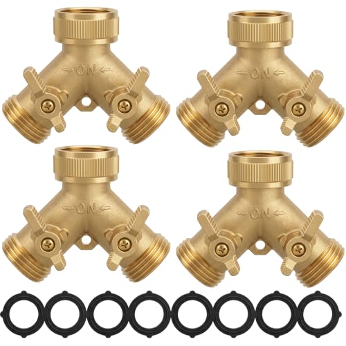 Hourleey Brass Garden Hose Splitter (2 Way), Solid Brass Hose Y Splitter 2 Valves with 2 Extra Rubber Washers (4 Pack) - size: 4 Pack - 2 Way