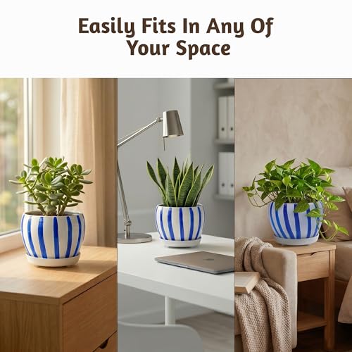 Folkulture Metal Planters for Indoor Plants with Drainage Hole & Saucer - color: Blue Bell