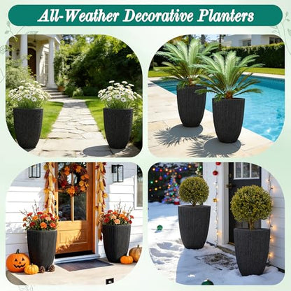 2-Pack 19" Black Resin Tall Round Planters with Fluted Texture - color: 19"h-black Fluted