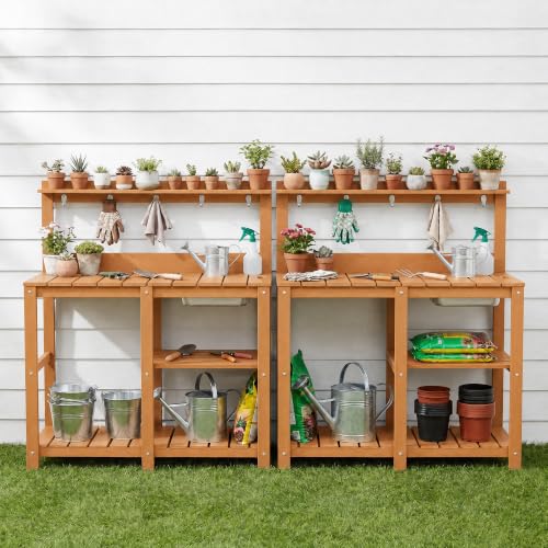 Outdoor Potting Bench Table with Metal Basin - color: Teak Finish