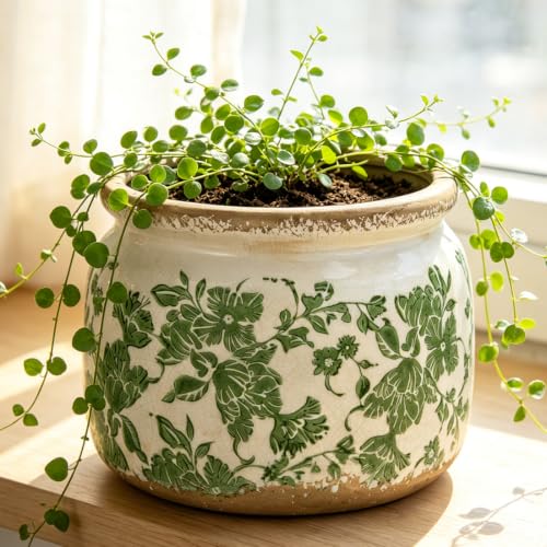 Handcrafted Vintage Crackle Glaze Ceramic Flower Pot 6.25 Inch with Drainage, Country Leaf Indoor Planter Dual-Use Decor Vase for Small Houseplants, Antique Garden Home Decor Housewarming Gift - color: Czh2, size: 6.25in