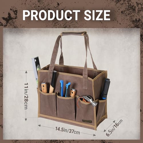Heavy-Duty Waxed Canvas Tool Pouch - 14-Pocket Garden Tool Organizer with Removable Handle | Multi-Compartment Storage Bag for Tools (14.5" x 11" x 6.5", Grey) - color: Grey