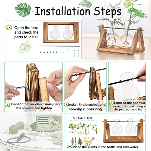 Kingbuy Glass Desktop Planter with Retro Wooden Stand, 2 Bulbs - size: 2 Bulb Vase