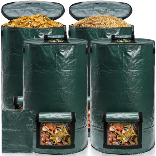 Tlence 4 Pack 34 Gallon Reusable Yard Waste Bags, Heavy Duty Lawn and Leaf Bags, Collapsible Garden Waste Containers with Bottom Window & Handles for Outdoor, Green